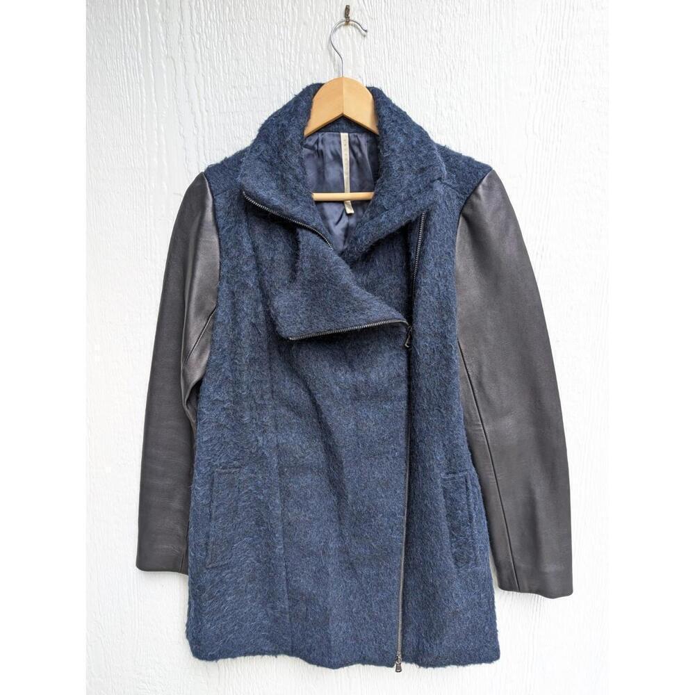Truth And Pride Navy Blue Alpaca Wool Black Leather Sleeve Jacket Coat Small